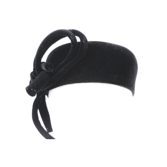 Vintage Black Velvet Hat Pillbox Fascinator Bow Retro Mid Century Cocktail main image 7
